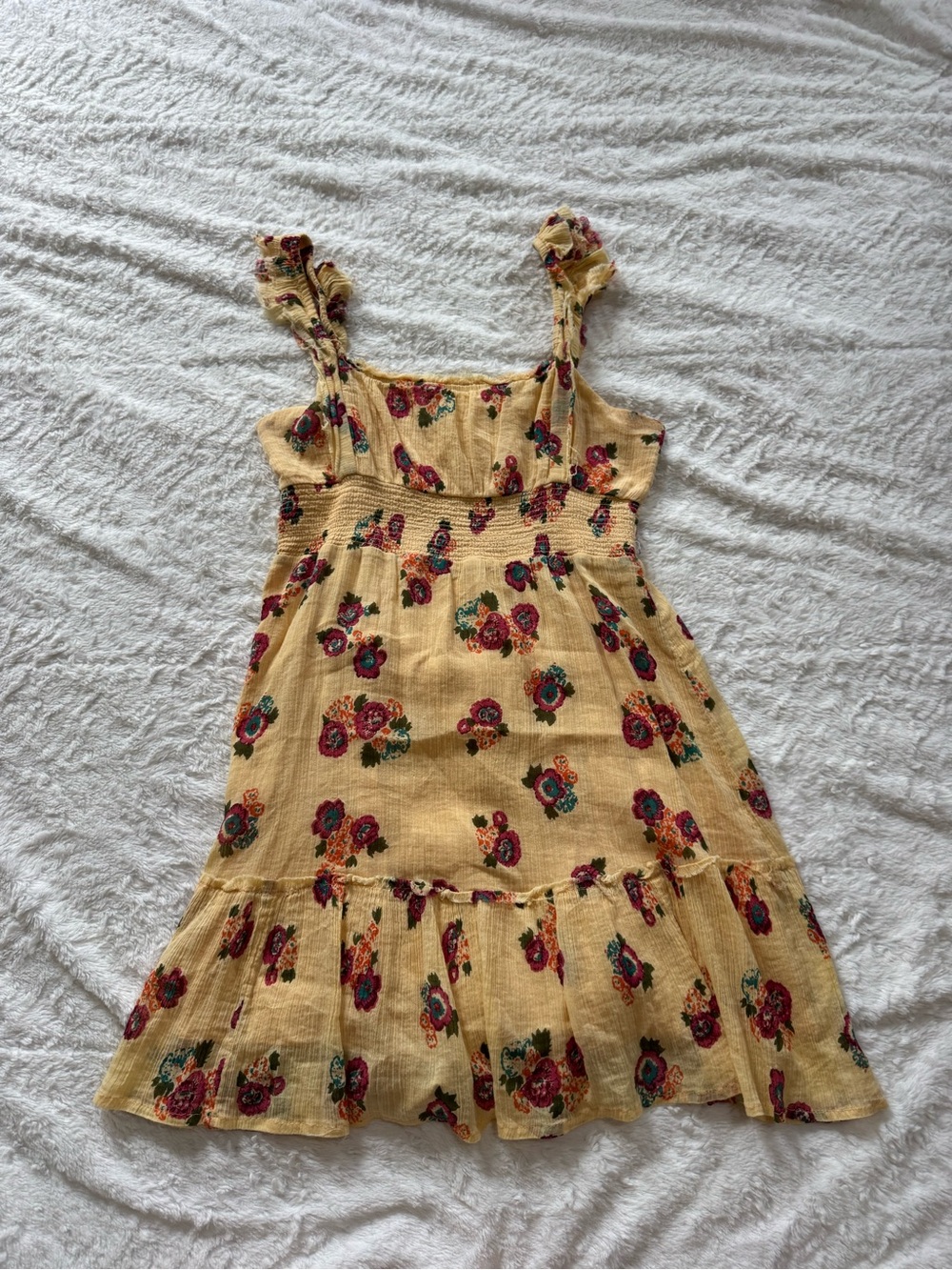 American Eagle Outfitters Yellow Floral Smocked Sundress with Ruffle Straps
